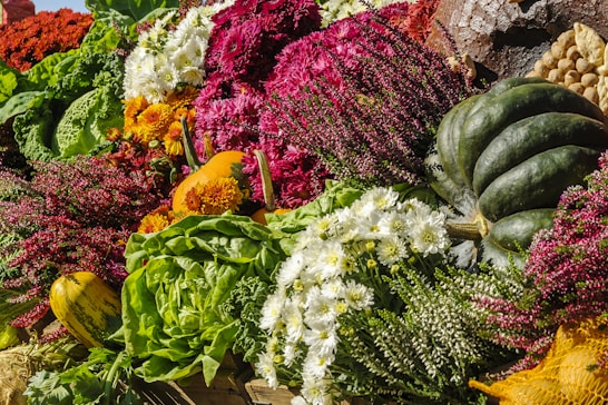 A vibrant display of competition vegetables and flowers at the Derbyshire Flower & Garden Show marquee.