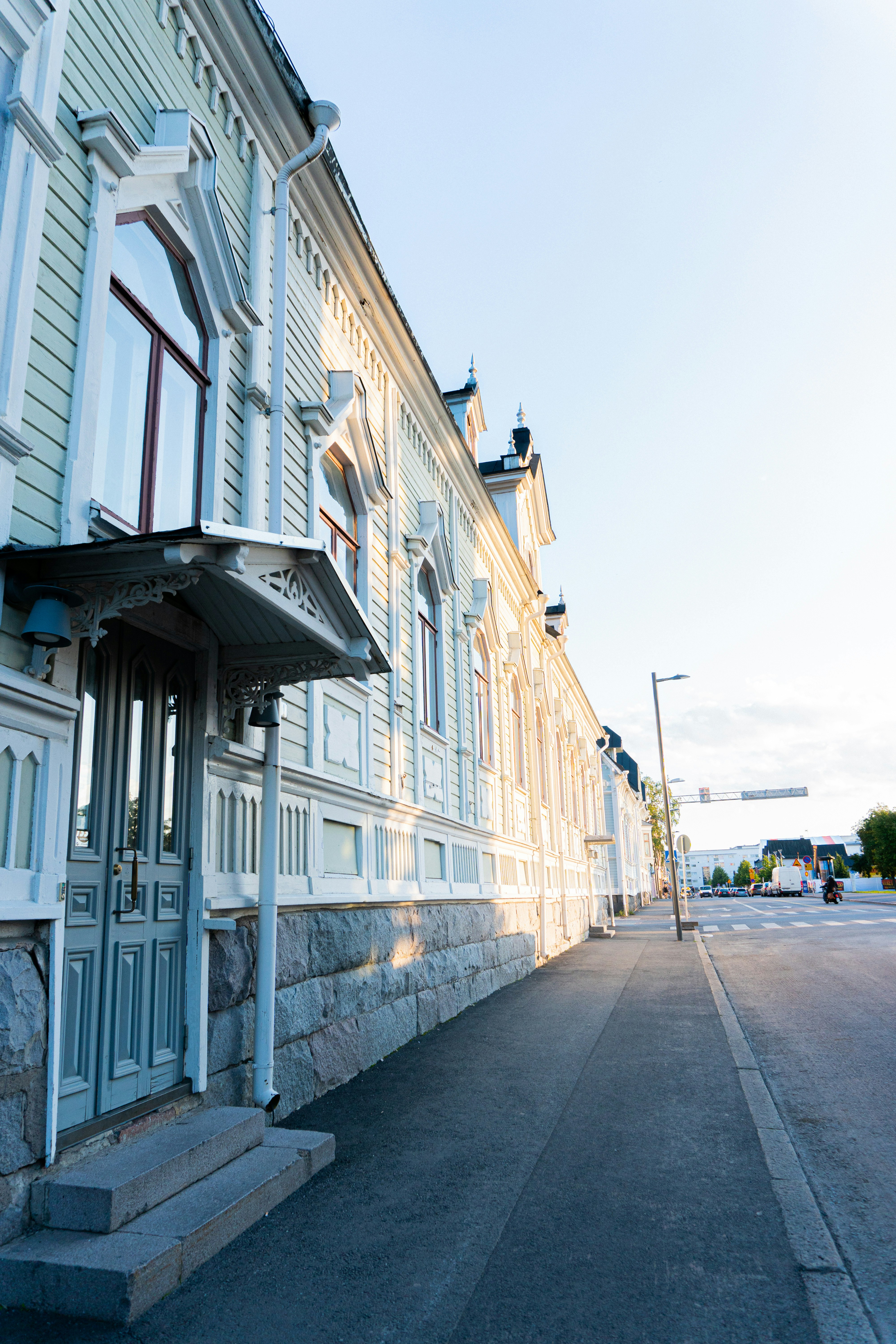 white building near light post