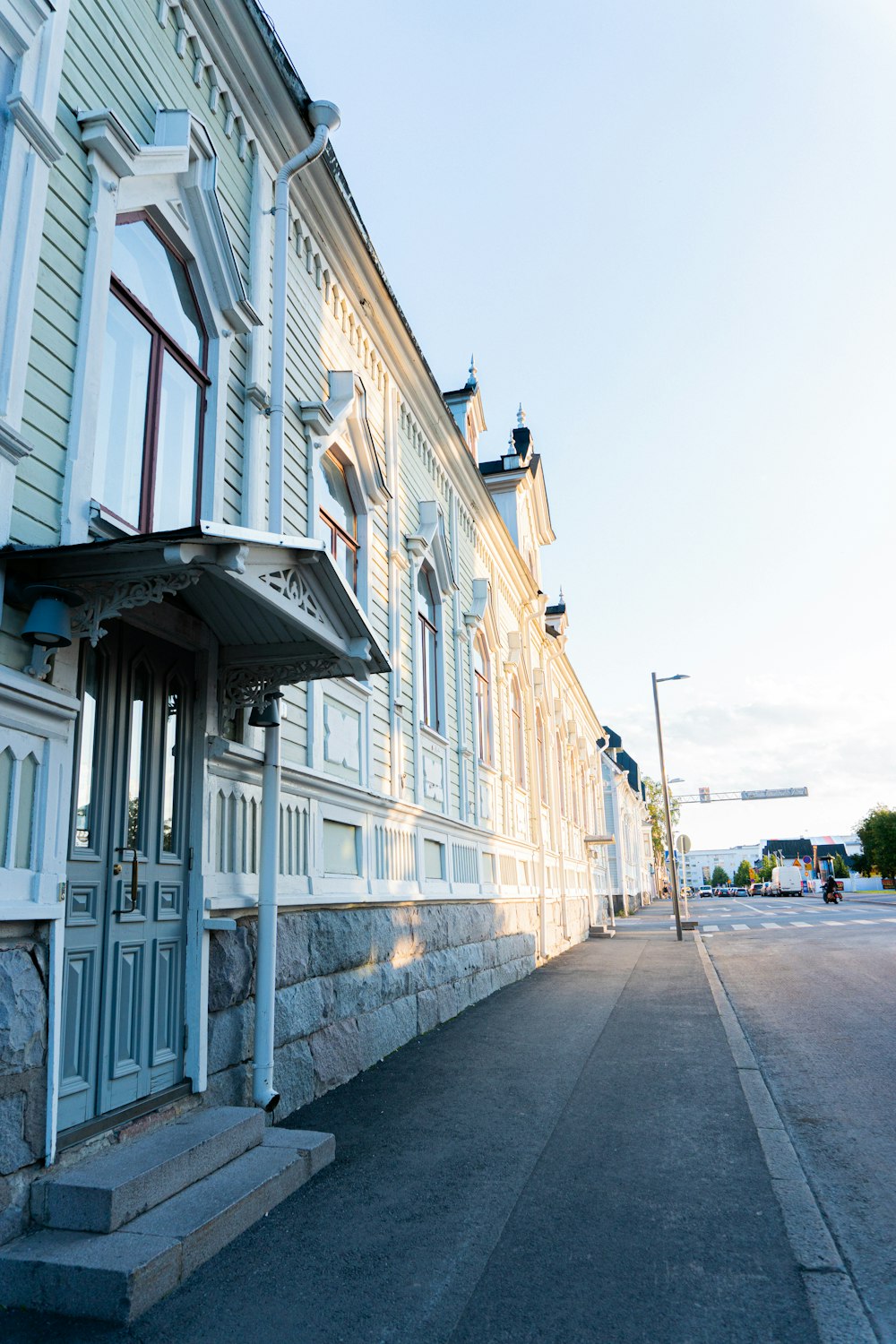 white building near light post