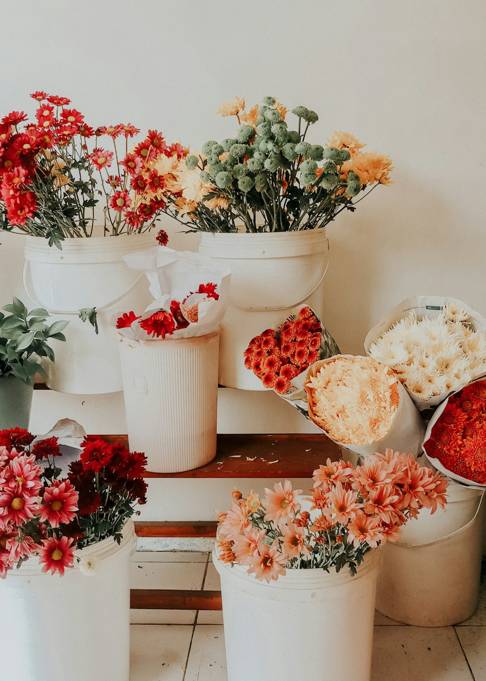 close-up photography of assorted flower on vases