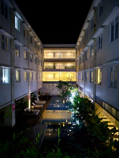 Exterior view of banyaluxe spa at Aerocity glowing warmly in the evening light