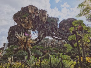 A vibrant fantasy landscape featuring artificial rocks and whimsical sculptures under a clear sky.