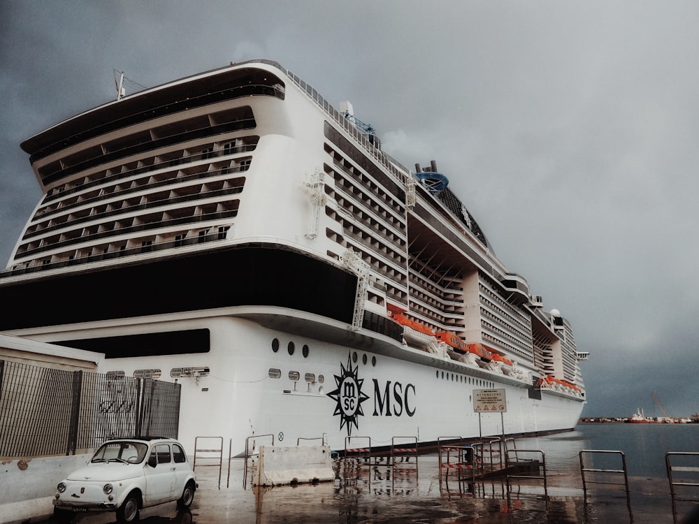 white and black MSC cruise ship