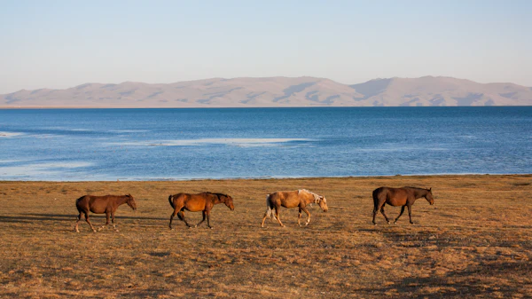Horses by a mountain lake