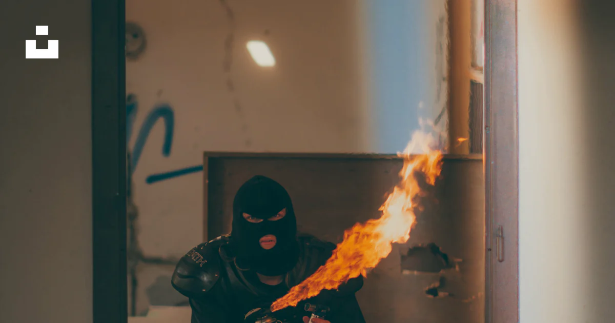Buff Mask Fire Man wearing black beanie mask holding fire spray bottle photo – Free ...