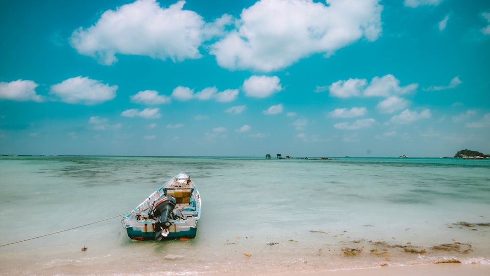 white boat on seashore during daytime