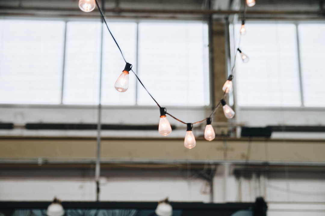 String lights hung across a room. 