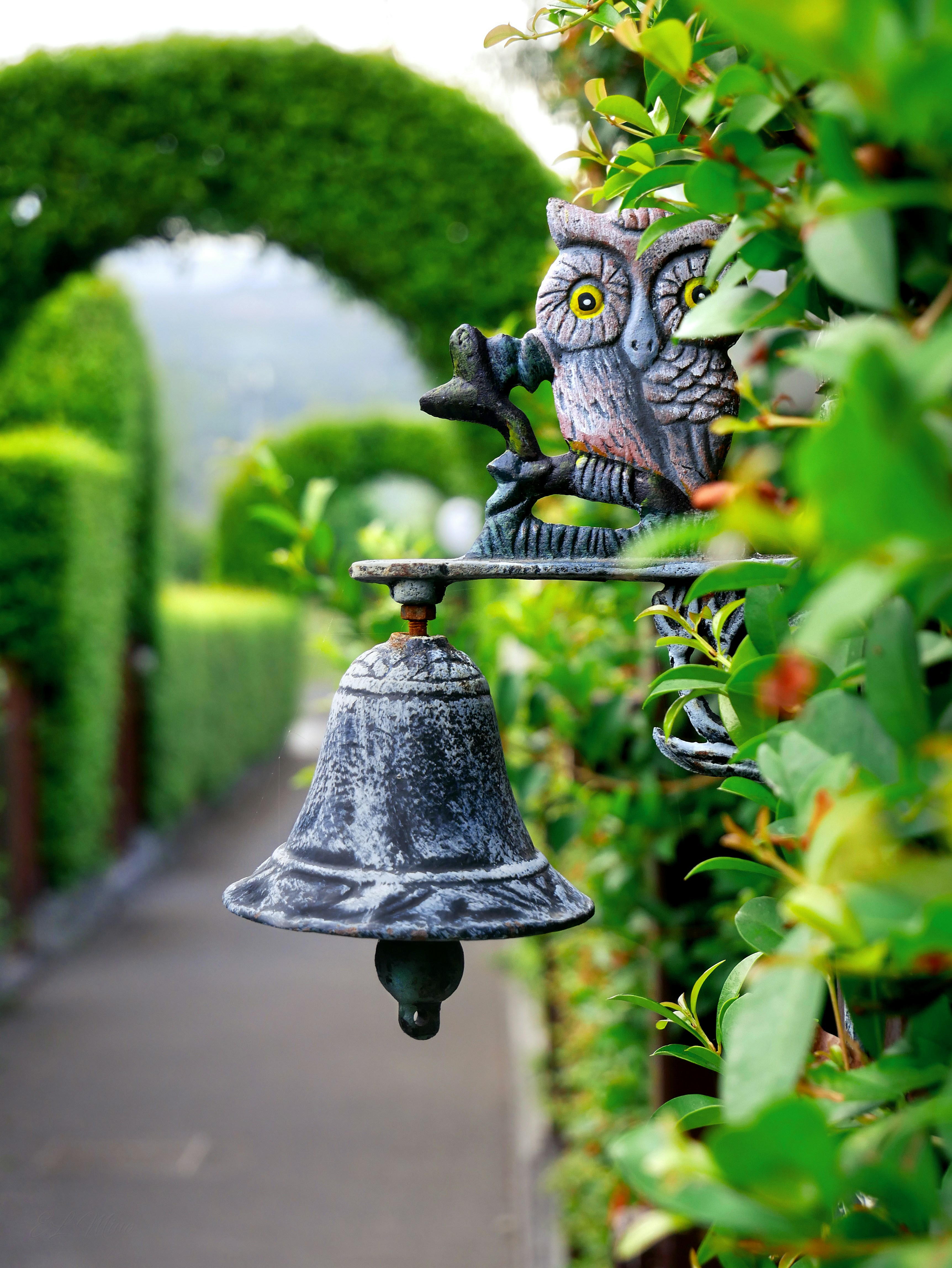 graue Metallglocke auf Hecke
