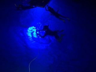 Three divers are submerged underwater in a pool. The image is illuminated with a striking blue light, giving an ethereal glow to the water. Two divers are near the surface holding onto equipment or a platform, while the third diver is slightly deeper, possibly adjusting something. A rope is also visible extending into the water.
