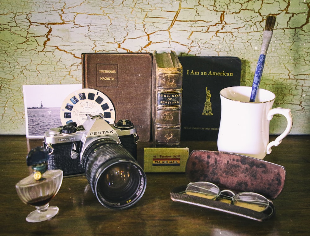 assorted items on a wooden surface