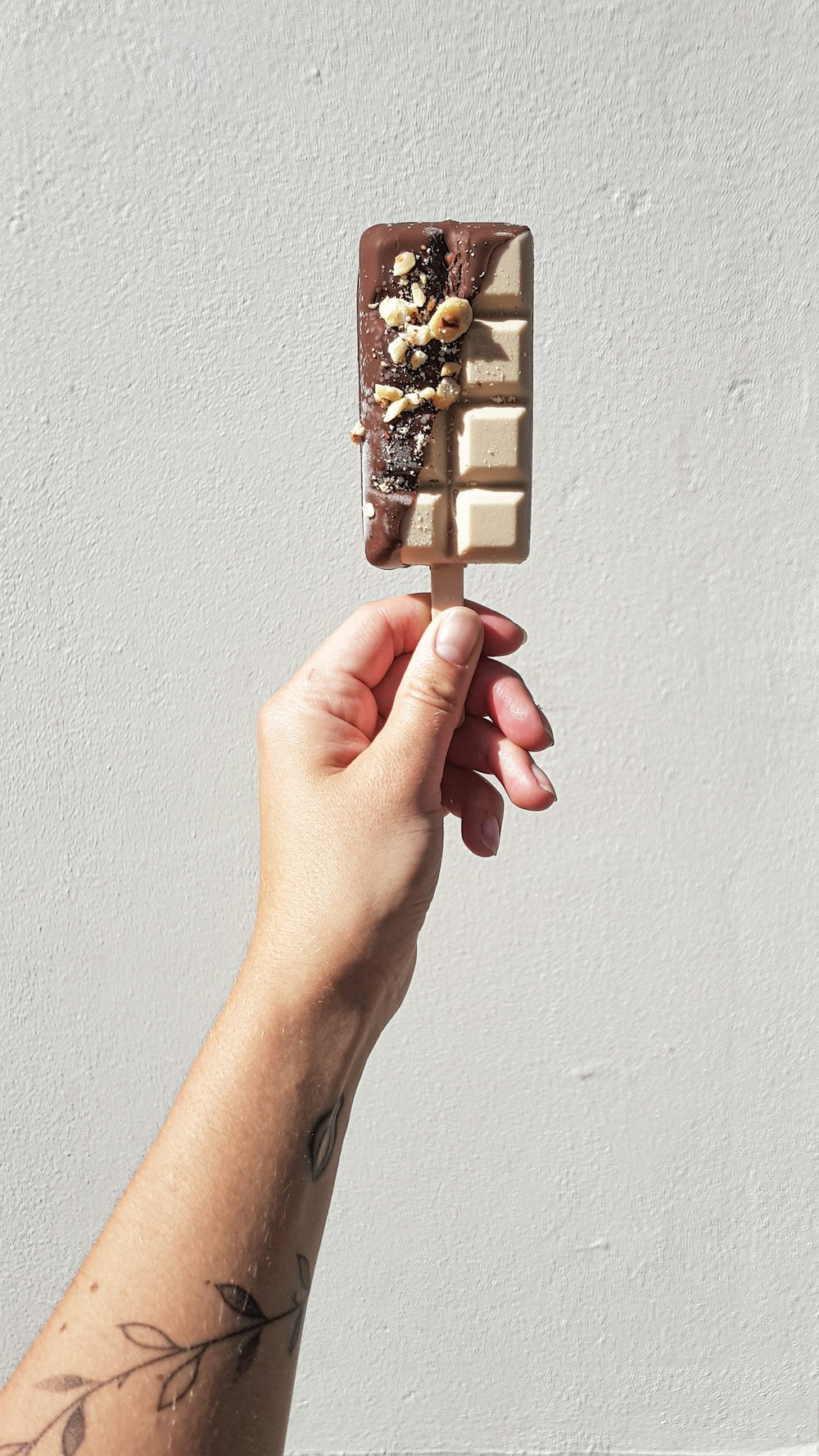 person holding chocolate popsicle