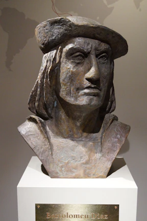 An old, cracked bust of a mysterious historical figure with a haunting expression.