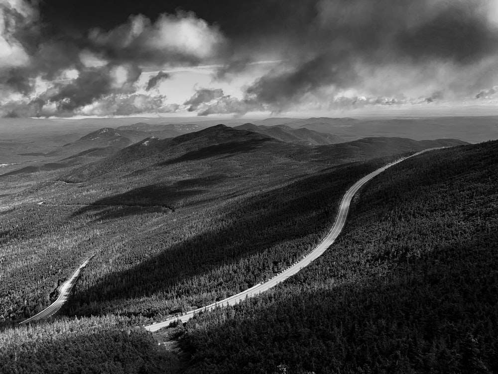 grayscale aerial photography of a road in the land
