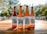 Four beer bottles are lined up on a wooden table outdoors. The labels on each bottle read Goggle Tan, Apocalypse IPA, Joe IPA, and Coast Trip. The sun casts a warm glow on the bottles, and a blurred natural background suggests a sunny day.