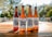 Four beer bottles are lined up on a wooden table outdoors. The labels on each bottle read Goggle Tan, Apocalypse IPA, Joe IPA, and Coast Trip. The sun casts a warm glow on the bottles, and a blurred natural background suggests a sunny day.