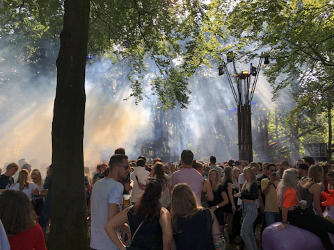 A candid shot of a lively outdoor event bathed in warm golden hour light.