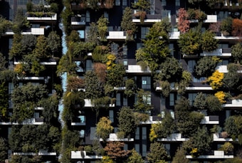 A high-rise building facade covered with a dense arrangement of greenery and plants, creating a vertical forest effect. Balconies are integrated with various types of vibrant, lush trees and shrubs, some displaying autumn colors.
