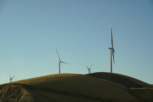 A panoramic view of a wind farm with turbines spinning under a clear blue sky.