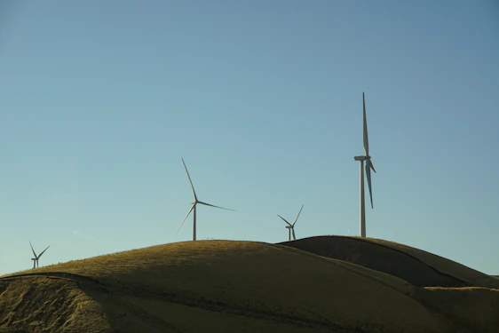 A compact wind turbine standing tall on a green farm landscape under a clear blue sky.