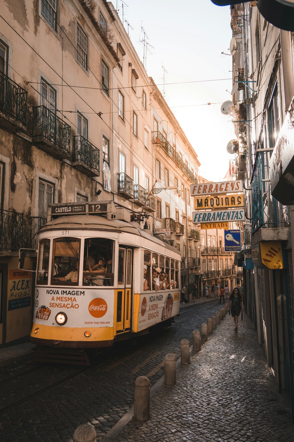 tram in between buildings