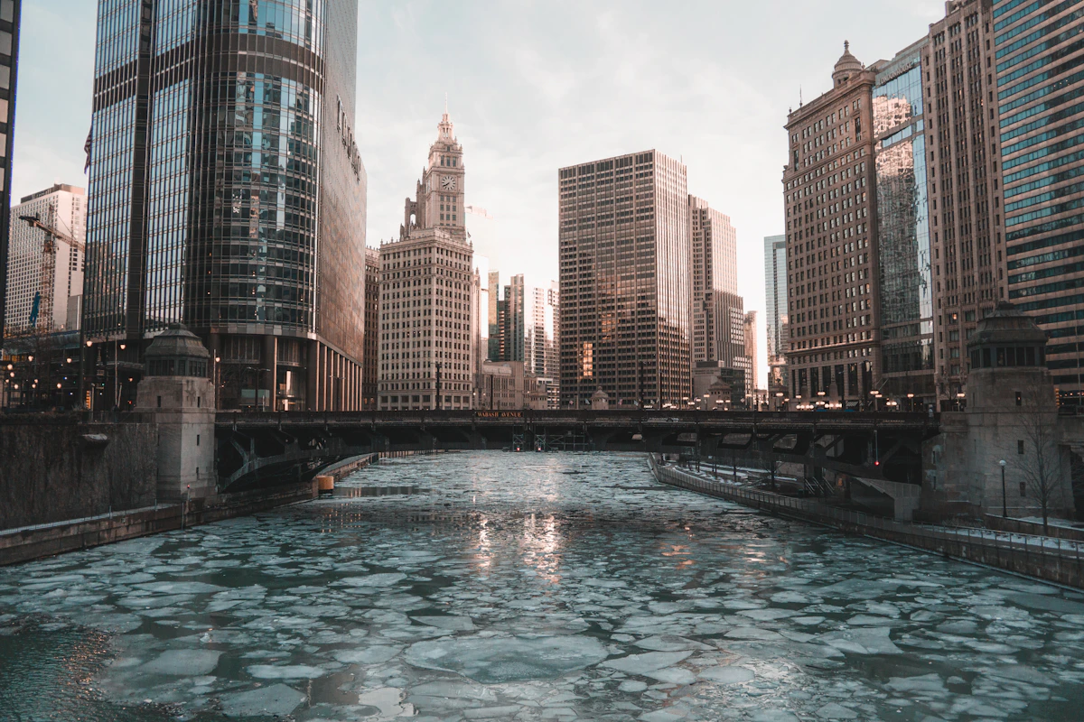 Chicago skyline at dusk along the river
