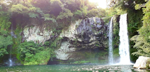 A majestic waterfall cascading into a crystal-clear pool surrounded by dense forest