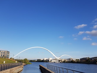bridge above water near buildings