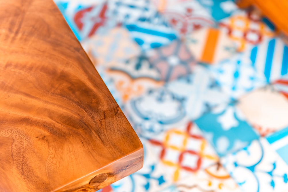 a close up of a wooden table top