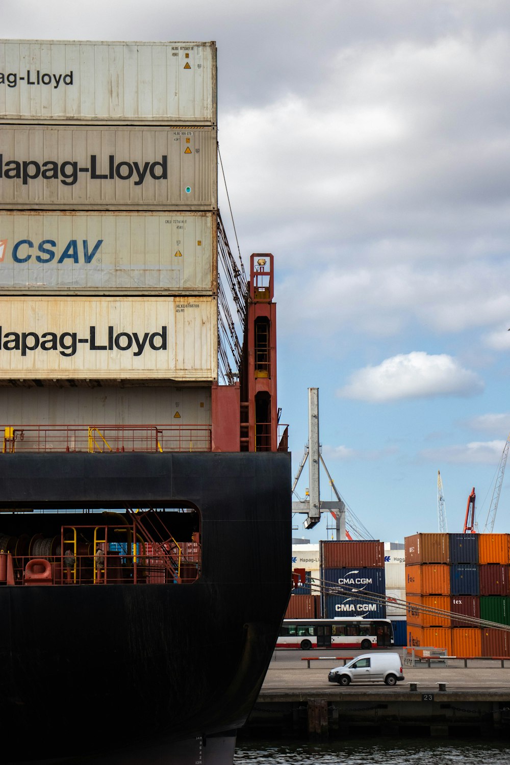 a large cargo ship sitting next to a dock