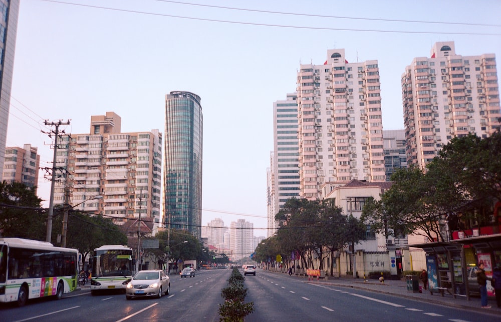 different vehicles on road viewing city with high-rise buildings during daytime