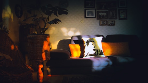 A cozy living room with a dark sofa decorated with orange cushions and a white pillow featuring an artistic portrait. Sunlight casts a warm glow and patterned shadows on the furniture and walls. A large woven plant holder with a green plant is placed nearby, and multiple framed photos hang on the wall.