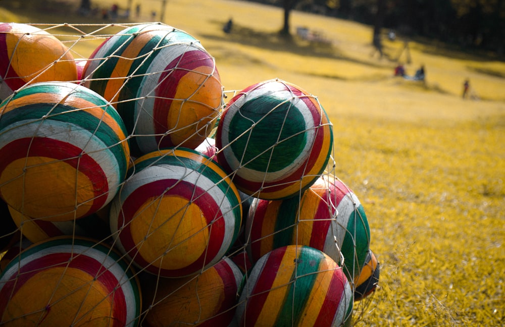 selective focus photography of ball lot