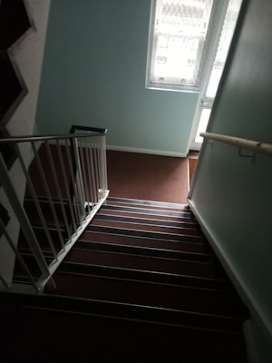 A stairway with metal railings and brown carpeted steps leads downwards towards a window. The walls are painted light blue, and there's a wooden handrail on the right side. The window allows natural light to brighten the space.