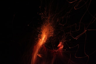 Sparks and wisps of orange light dance against a dark background, creating a mesmerizing display of motion and energy. The streaks of light appear vibrant and dynamic, capturing the essence of fire or glowing embers.