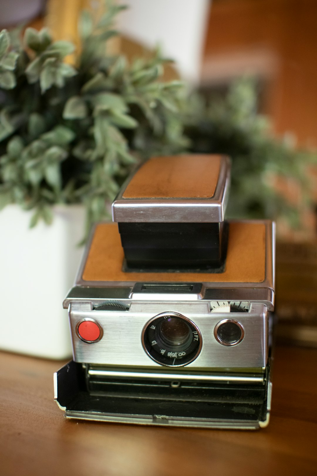 Vintage Polaroid SX-70 retro camera with supple brown cow hide and chrome metal details sits atop a wooden table, next to a potted green plant.