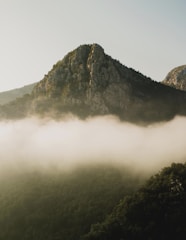 A misty peak rising above Tahitian valleys under soft morning light