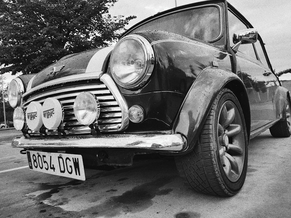 grayscale photography of Mini coupe