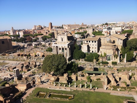 A panoramic view of ancient Roman ruins with various historic structures, including columns, arches, and temples. Surrounding these ruins are lush green trees and vegetation. The background features a cityscape with buildings from different architectural periods against a clear blue sky.