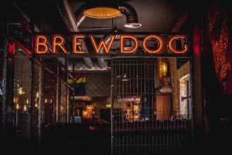 A dimly lit interior of a bar featuring a prominent neon sign that reads 'BREWDOG' in orange-red hues. The setting has industrial elements with visible metal pipes and fences, alongside warm wooden accents. A rainbow flag can be seen hanging in the background, and there are shelves with various items, possibly bottles or books, creating a cozy yet vibrant atmosphere.