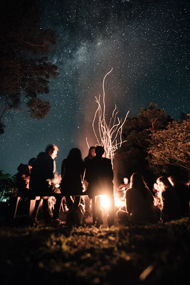 A group of men gathered around a crackling campfire in the forest, sharing stories under a twilight sky.