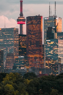 A cityscape featuring tall skyscrapers with glass fa&ccedil;ades reflecting a warm evening light. The CN Tower is prominently seen rising above the buildings, illuminated with a red light. The skyline is contrasted against a backdrop of clouds and a foreground of lush green trees.