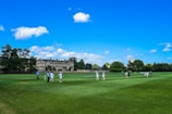 A group of people playing cricket on a large, well-maintained green field on a sunny day. The field is surrounded by a historic building and lush green trees. The clear blue sky is dotted with a few fluffy white clouds, adding to the serene atmosphere.