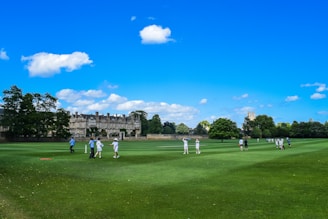 A group of people playing cricket on a large, well-maintained green field on a sunny day. The field is surrounded by a historic building and lush green trees. The clear blue sky is dotted with a few fluffy white clouds, adding to the serene atmosphere.