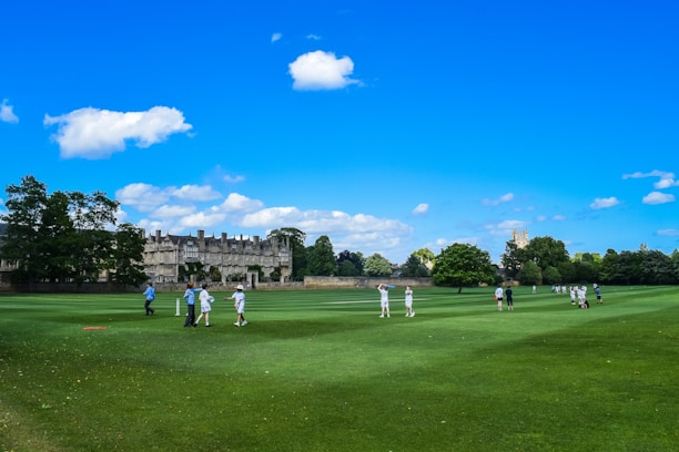 A group of people playing cricket on a large, well-maintained green field on a sunny day. The field is surrounded by a historic building and lush green trees. The clear blue sky is dotted with a few fluffy white clouds, adding to the serene atmosphere.