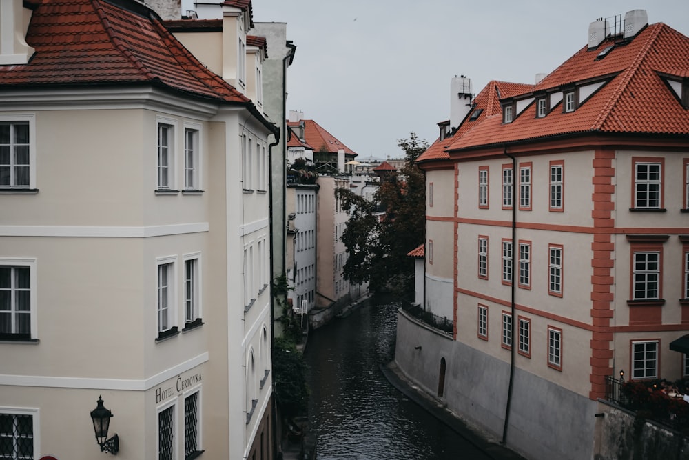 a river running through a city next to tall buildings