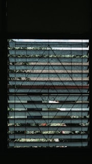 A window with metal grillwork featuring geometric patterns provides a view of the outside. Beyond the grill, layers of horizontal slats, possibly blinds or louvered panels, partially obscure the view of a garden with green foliage and some tiled roofs in the background.