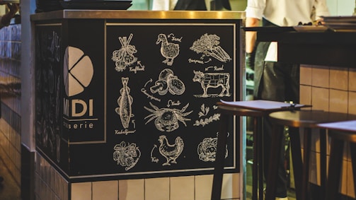 A chalkboard-style illustration on a restaurant counter displays various food items such as vegetables, a cow, chicken, and seafood. Each item is neatly labeled in a decorative manner. The setting is a cozy, dim-lit interior with a hint of activity in the background, likely a restaurant or bistro.