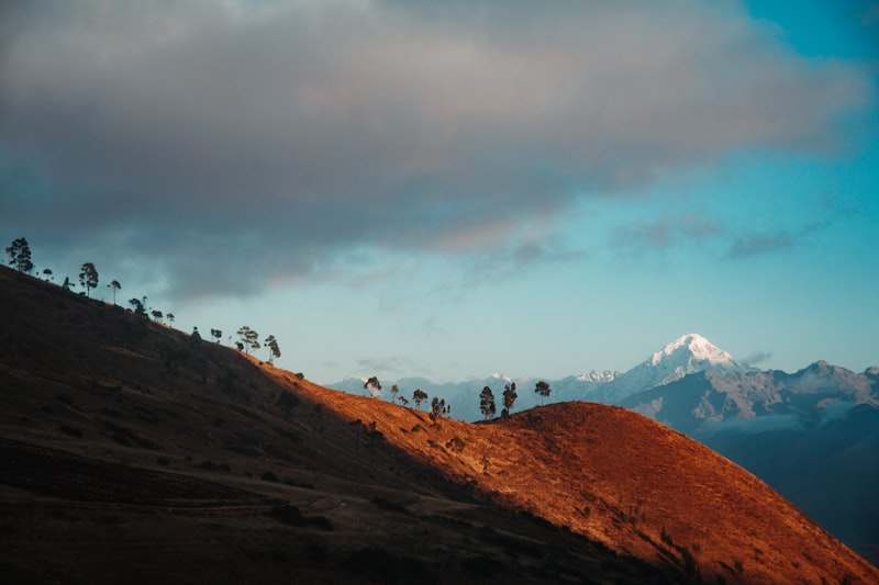 Peruvian Central Highlands with golden hillside and snow-capped Andes peaks near Junin