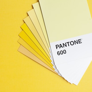 A set of color swatches fanned out on a yellow background, featuring various shades of yellow and labeled 'Pantone 600' on the top card.