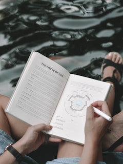 A person is sitting by the water, holding and writing in an open book titled 'The Circle of Life'. The book contains text and a circular diagram. The person is wearing a denim skirt and sandals, and the pen is poised over a section of the book. The water in the background has a slightly rippled texture.